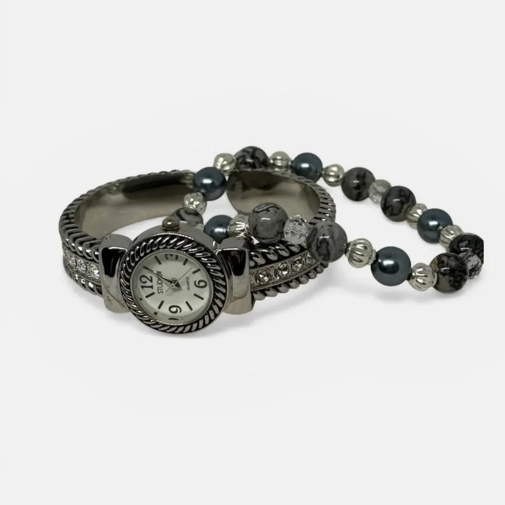 Studio Time Silver Cuff Watch NWT + Beaded Bracelet Set